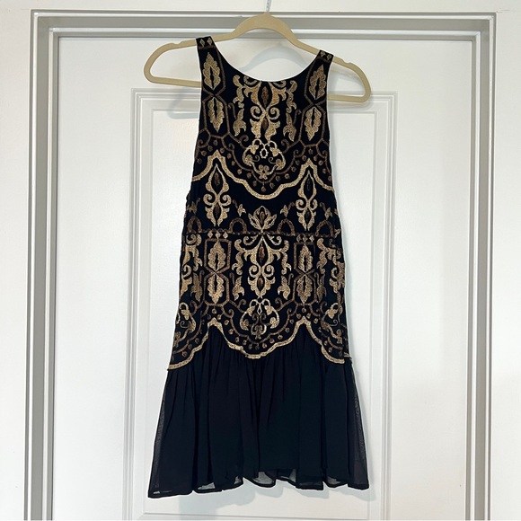 Free People Black Gold Embroidered Drop Waist Little Secrets Mini Dress Small - Picture 4 of 5